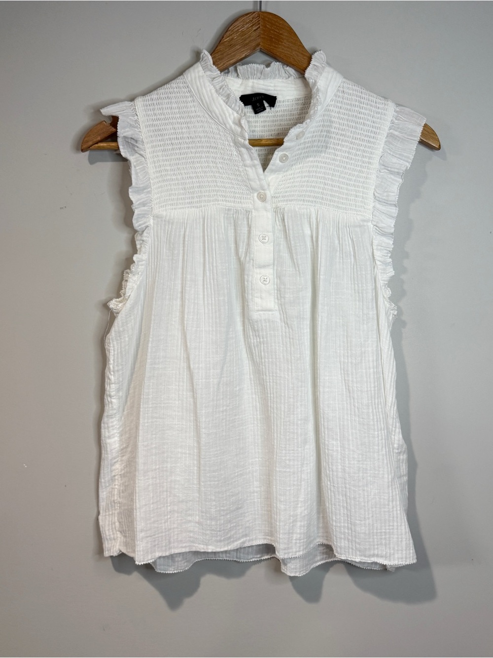 J. Crew Women’s Garden Top Soft Gauze White Smocked Ruffle Top 100% Cotton S